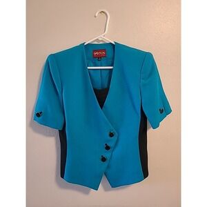 Sasson Vintage 80s 90s Blue‎ & Black Blazer Shoulder Pads Black Buttons Size 8